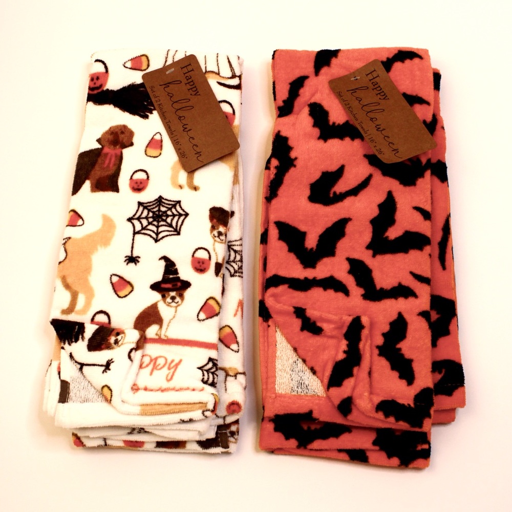 2 Sets Happy Halloween Kitchen Towels: 2- Flying Bats & 2- Doggies & Candy Corn